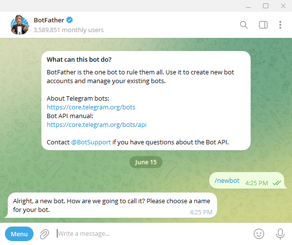 ساخت ربات در BotFather