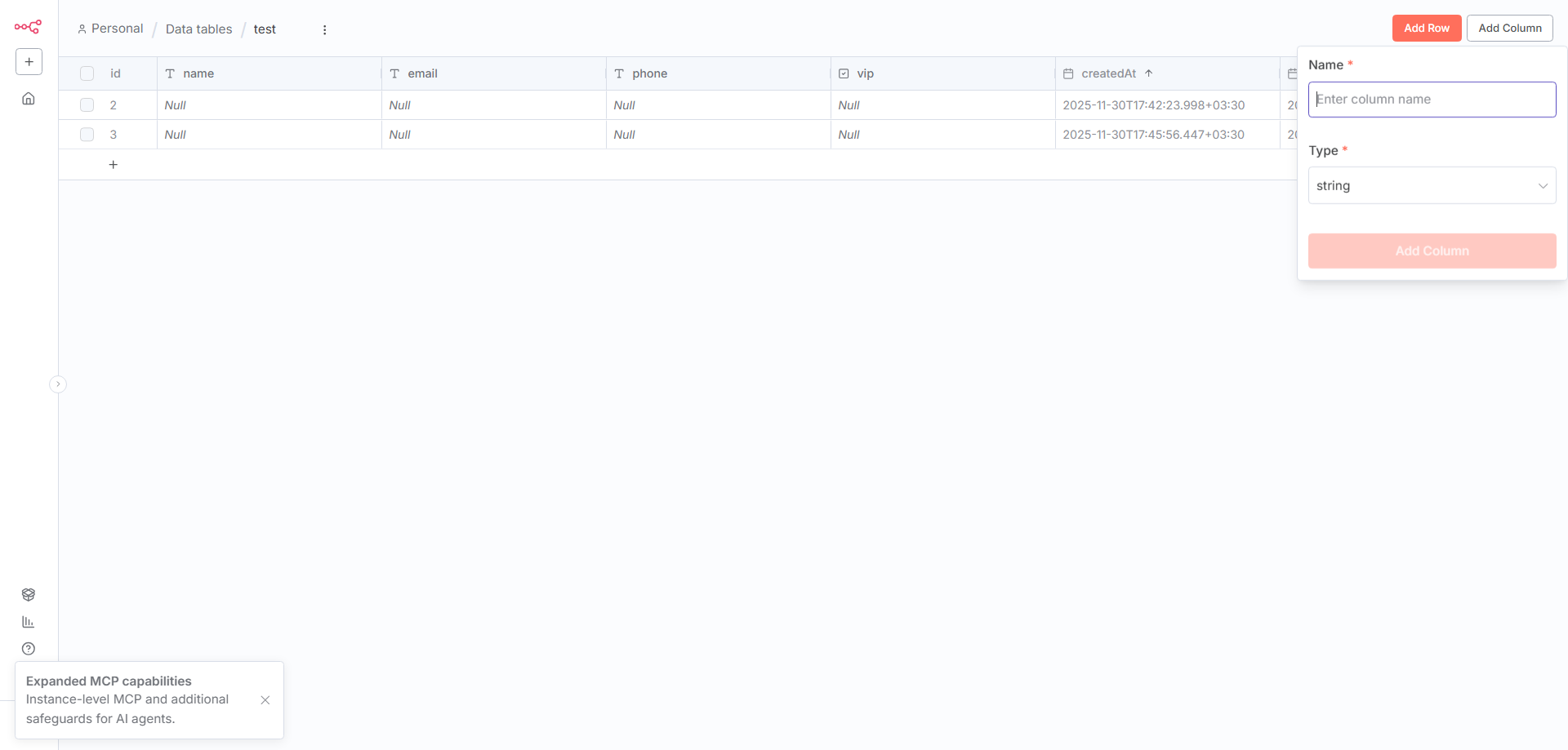 تعریف ستون‌ها (Fields) در جدول مشتریان در n8n